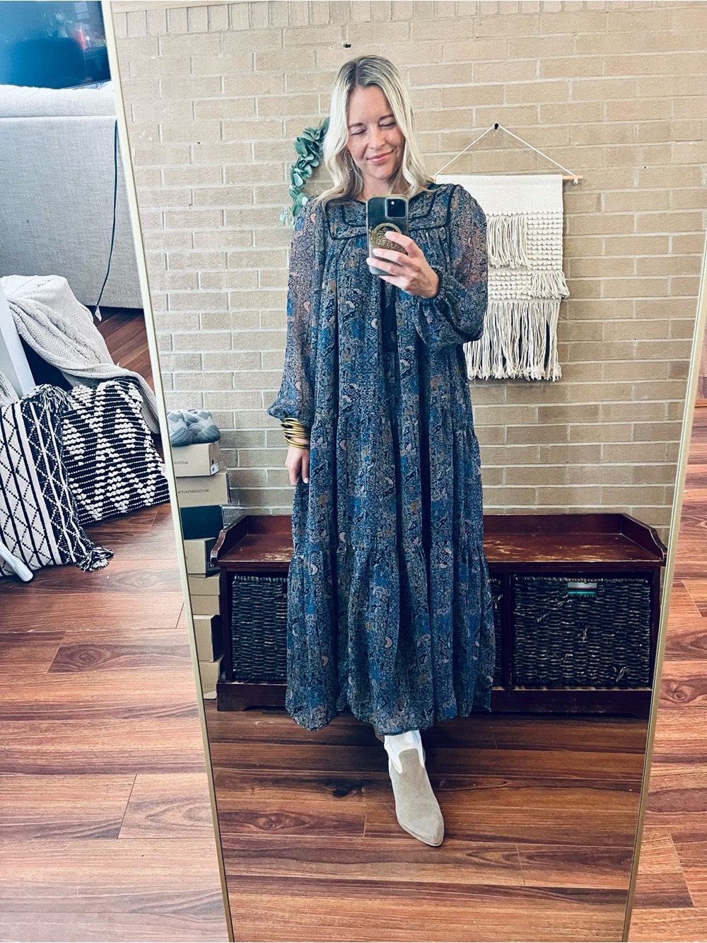 Paisley Tie-Neck Midi Dress in Navy and Black